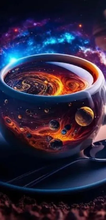 A coffee cup with a cosmic galaxy inside, set in outer space.