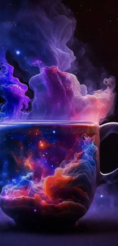 A cosmic coffee mug with vibrant purple and pink nebula design.