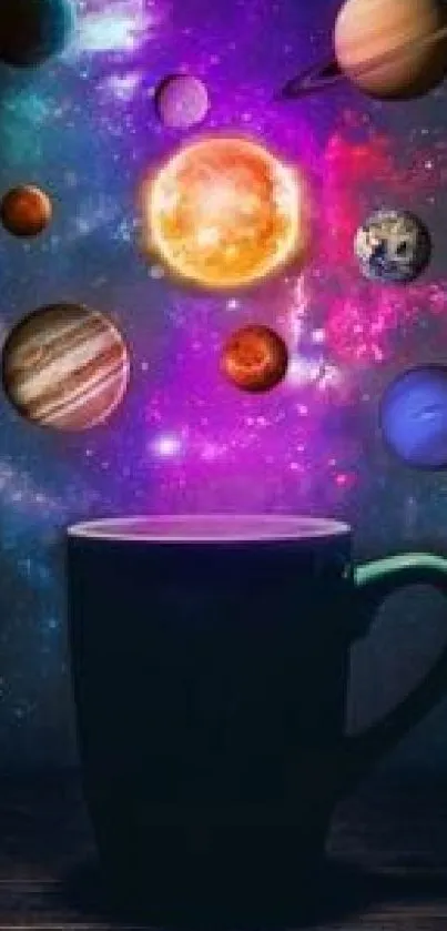 Cosmic wallpaper with planets above a coffee mug, featuring vibrant colors and space theme.