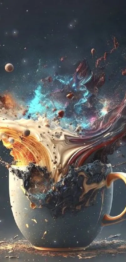 Stunning cosmic coffee splash art with vibrant colors and dynamic energy.