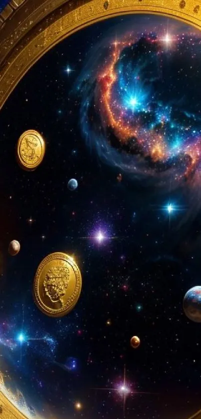 A cosmic scene with galaxies and floating golden coins.
