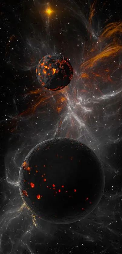 Mobile wallpaper featuring a cosmic collision with fiery asteroids.