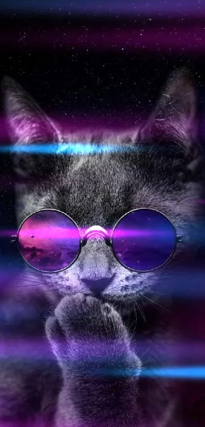 Cat with sunglasses in cosmic style wallpaper.