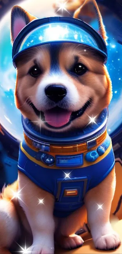 Cute corgi in a futuristic space suit with a cosmic background.