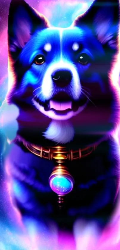 Vibrant cosmic corgi with neon colors in a space-themed mobile wallpaper.