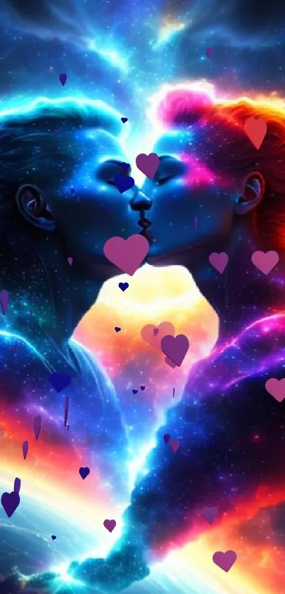 A cosmic couple kissing in vibrant neon colors, set against a glowing galaxy background.