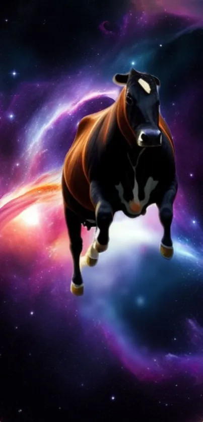 Cosmic cow soaring through space, colorful galaxy background.