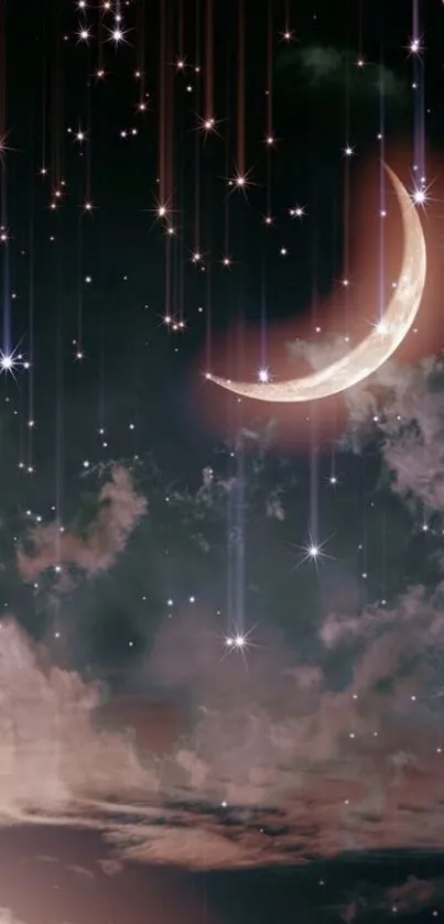 Crescent moon with stars in a night sky wallpaper.