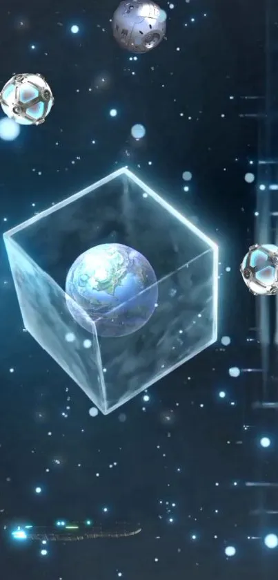 Futuristic cosmic wallpaper with cube and celestial spheres.