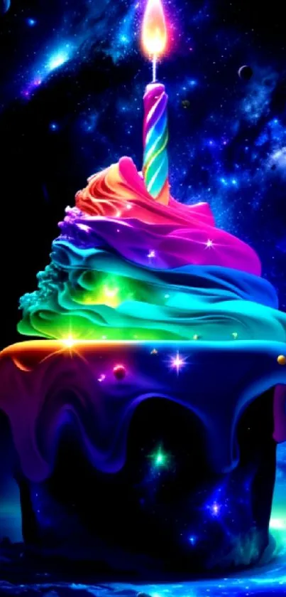 Vibrant cosmic cupcake with candle against a galaxy backdrop.