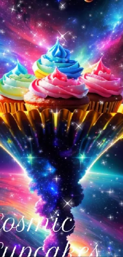 Colorful cosmic cupcakes against a vibrant galaxy background.