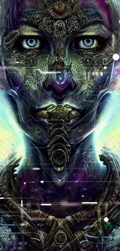 Digital cosmic cyber face art with intricate and vibrant design.