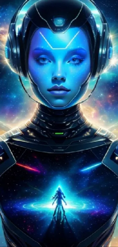 Futuristic blue-skinned cyber warrior in a cosmic setting with digital elements.