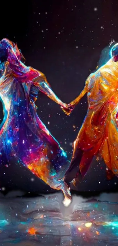 Cosmic-themed wallpaper with dancing figures and vibrant colors.