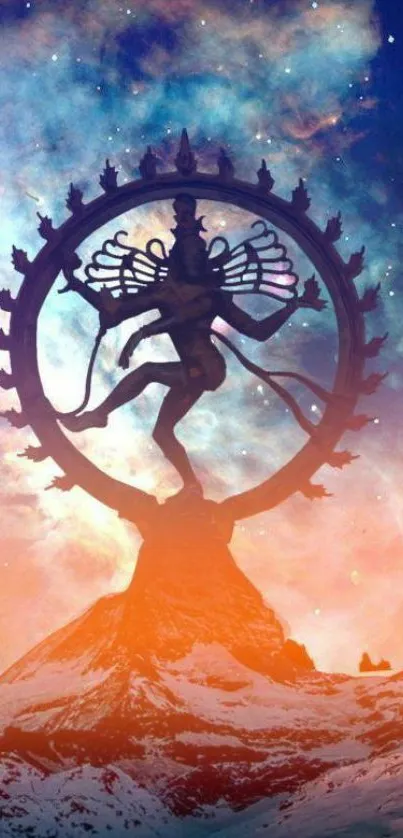 Silhouette of Lord Shiva dancing in a cosmic galaxy backdrop.