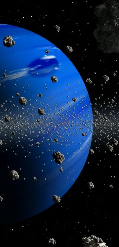 Blue planet with asteroids in deep space scene.