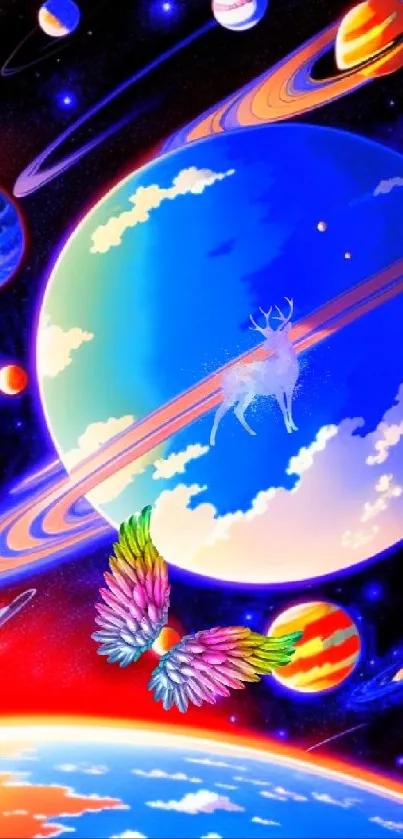 Vivid cosmic scene with colorful planets and mystical deer in space.