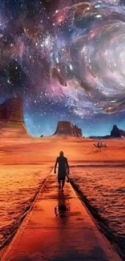 Person walking towards a cosmic portal in a desert.