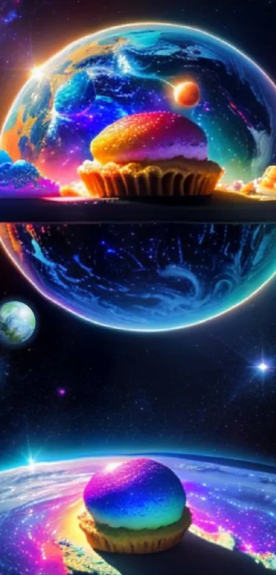 Surreal cosmic dessert wallpaper with vibrant planets and stars.