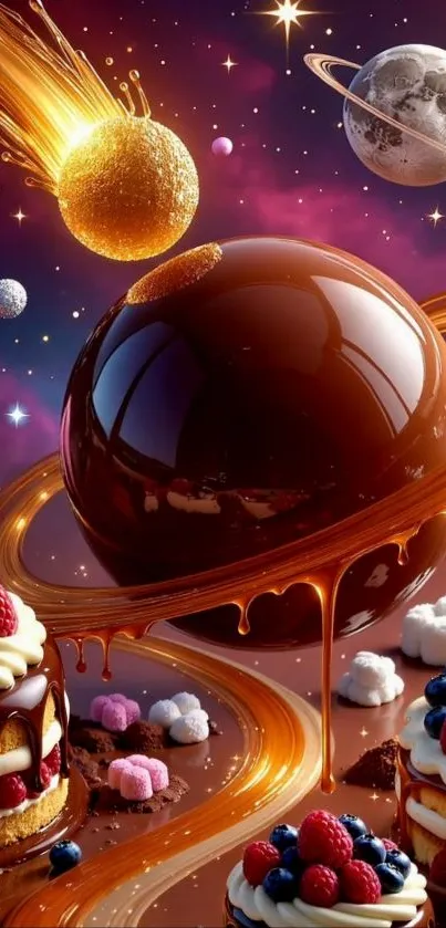 Cosmic dessert fantasy with planets and sweets.