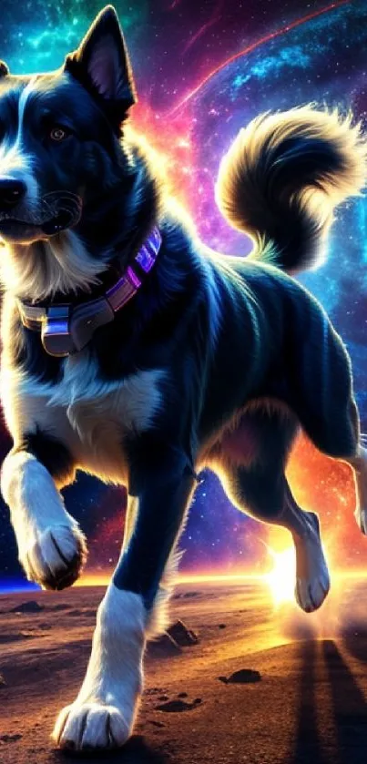 A dog running in a colorful cosmic galaxy setting.