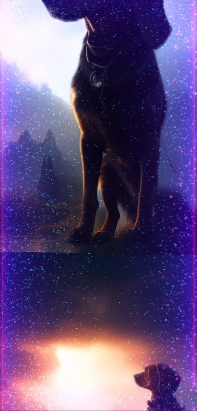 A large dog's silhouette against a vibrant galaxy and cosmic glow in purple tones.