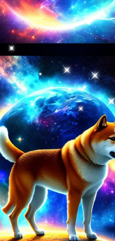 Cosmic dog standing in front of vibrant planets.