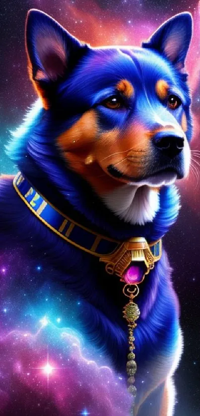 Cosmic dog art wallpaper with vibrant galaxy background.