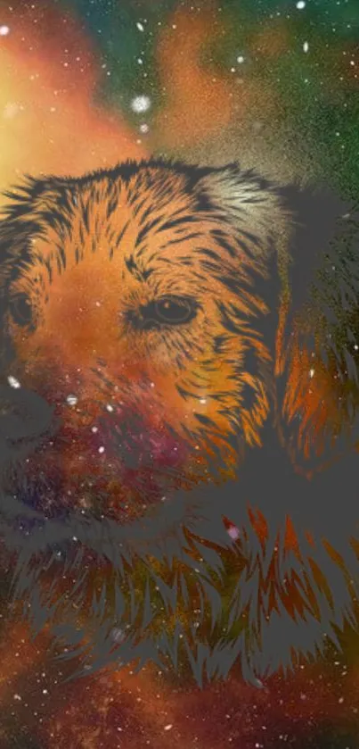 Cosmic dog art with galaxy background.