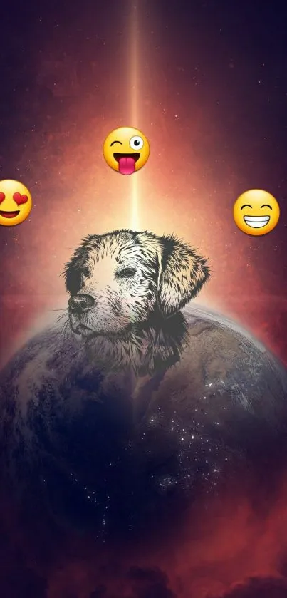 Cosmic dog and emojis in space-themed wallpaper.