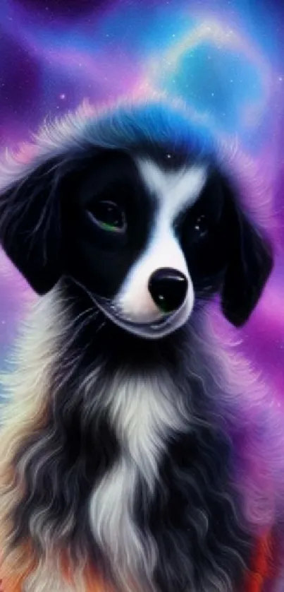 Vivid cosmic dog wallpaper with galaxy background.