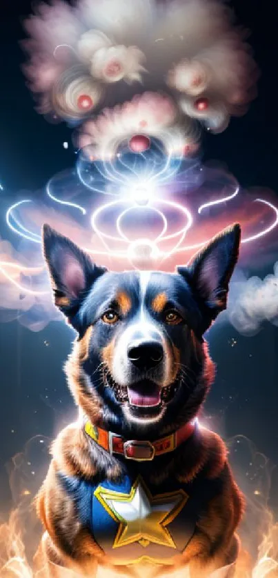 Fantasy dog with cosmic explosion background.