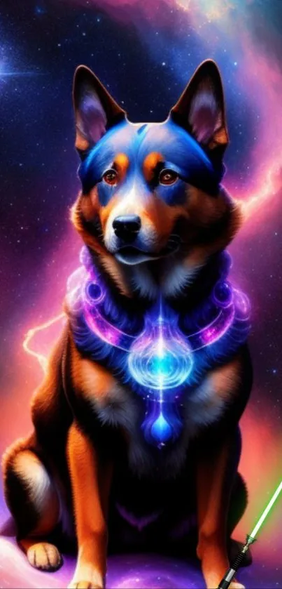 Cosmic dog with vibrant colors in space fantasy artwork.