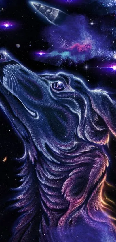 Fantasy cosmic dog gazing at stars in space-themed wallpaper.