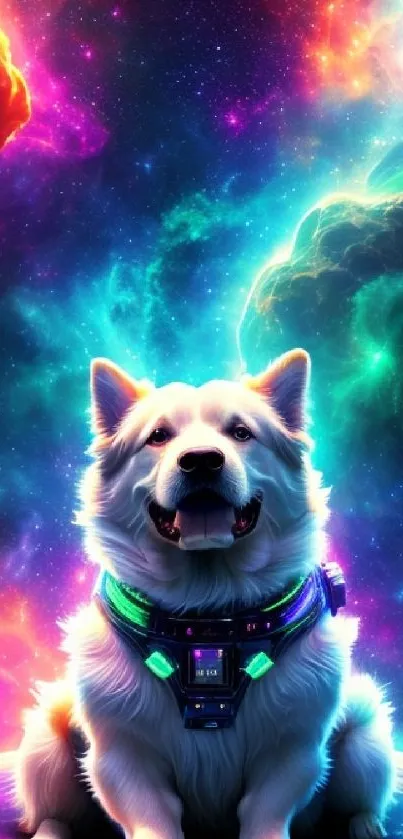 Vibrant cosmic wallpaper with a dog in space.
