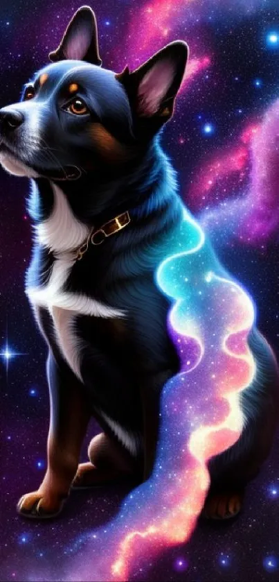 Cosmic imagery of a dog in a vibrant galaxy setting with colorful space elements.