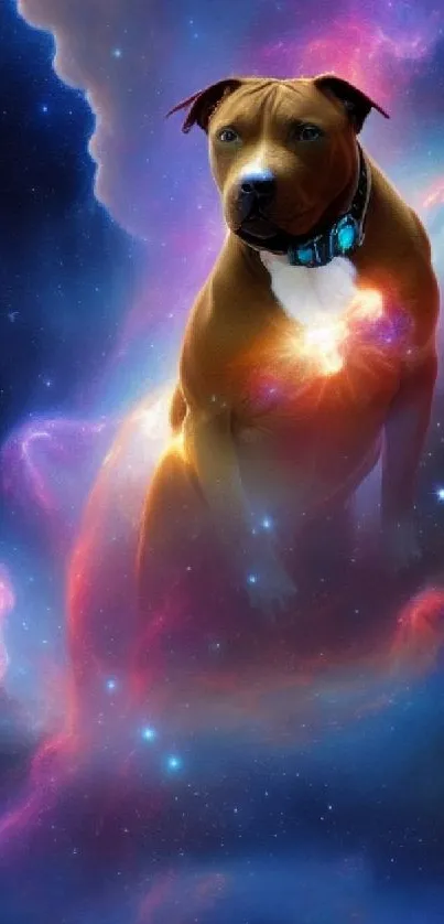 A majestic dog floats amidst a colorful cosmic galaxy.