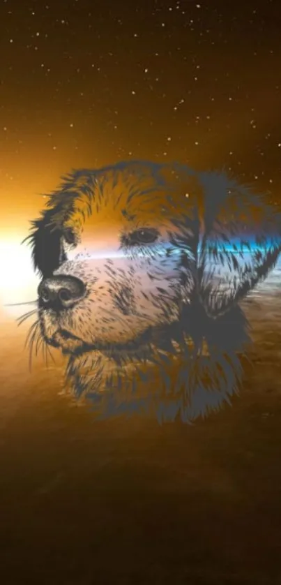 Cosmic landscape with a dog's illustration over a planet surface.