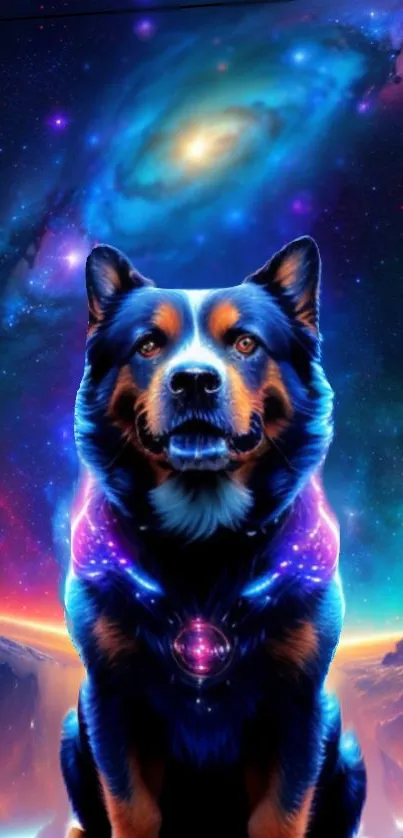 A dog with glowing cosmic colors in a galaxy background.