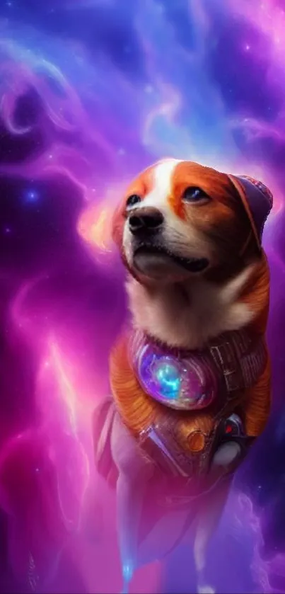 A dog in a cosmic nebula setting, vibrant and mystical.