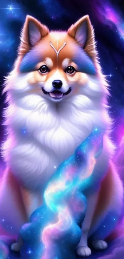 A cosmic dog surrounded by a colorful nebula, creating a fantasy space scene.