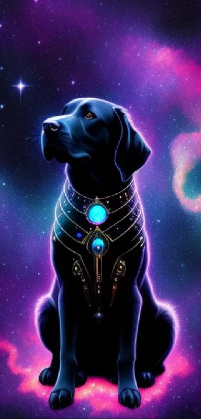 Cosmic dog with glowing galaxy backdrop, a unique mobile wallpaper design.