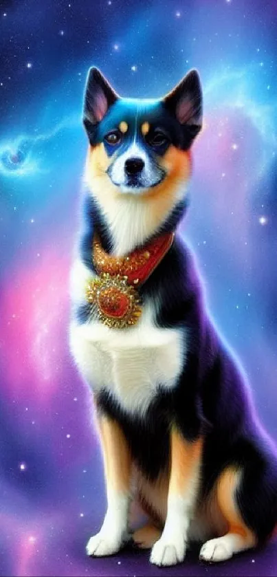 Regal dog against a colorful cosmic backdrop.