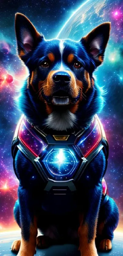 Cosmic dog sitting on Earth in space art wallpaper.