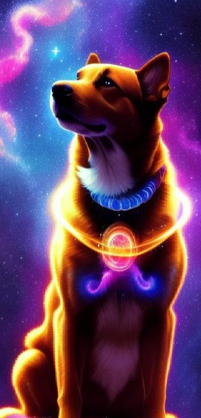 A cosmic dog surrounded by a vibrant galaxy in space art.