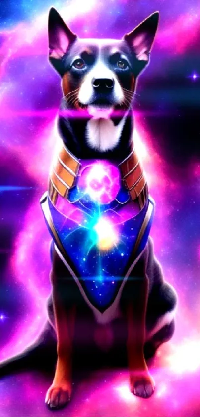 Cosmic dog in a colorful galaxy scene mobile wallpaper.