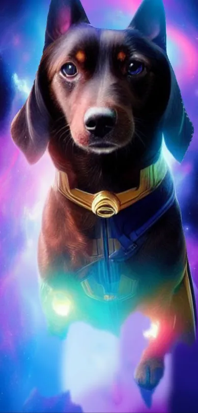 Cosmic-themed dog in a vibrant galaxy setting on a mobile wallpaper.