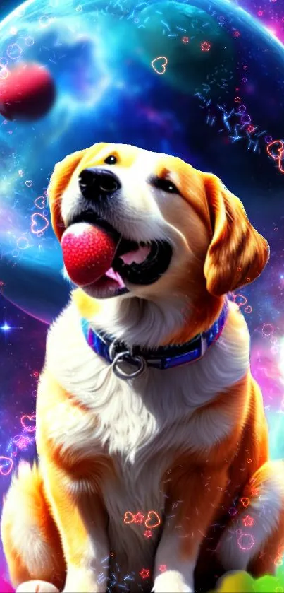 Vibrant cosmic dog wallpaper with a galaxy background.