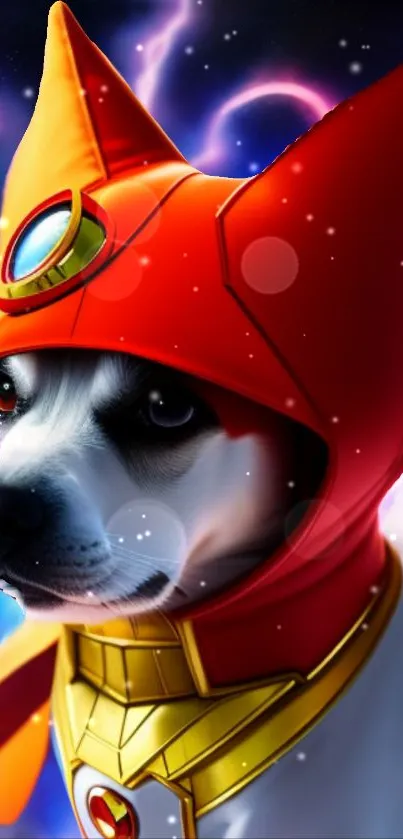 Dog wearing red superhero suit in a cosmic background.