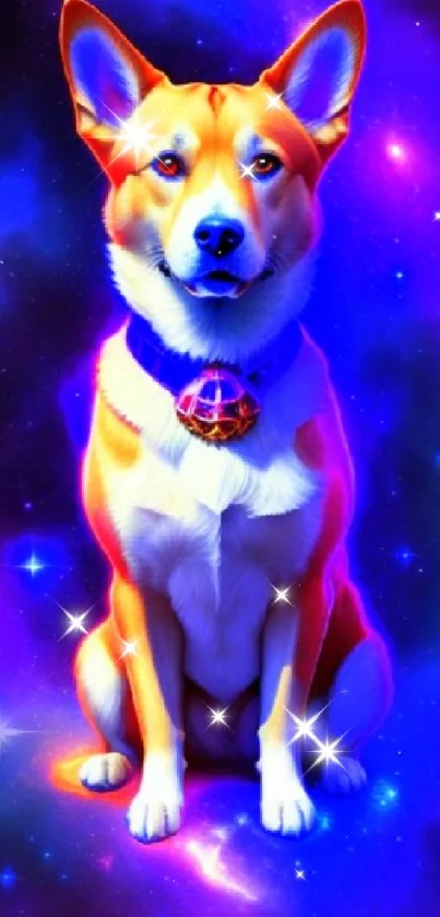 A colorful cosmic dog sitting in a vibrant, starry space background.